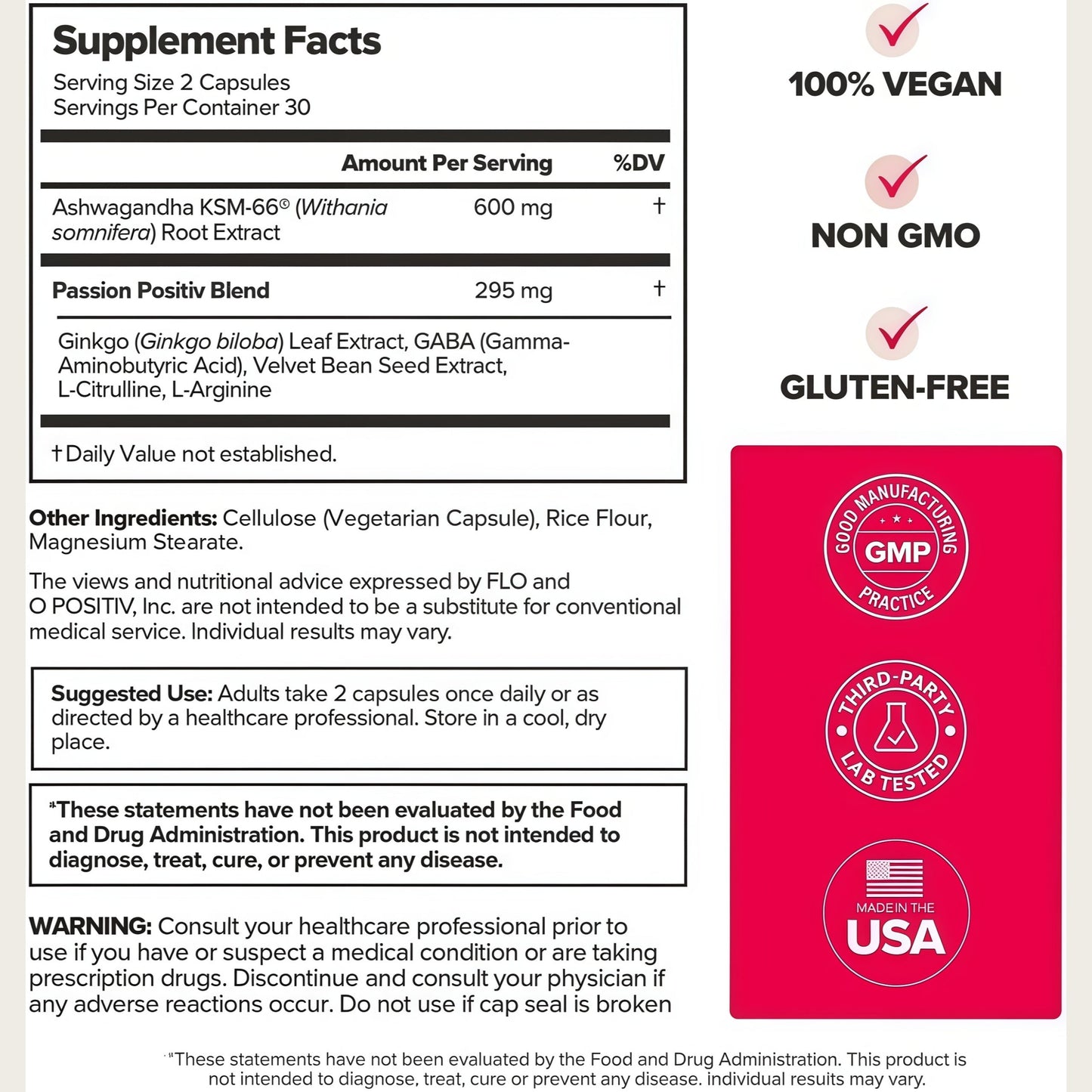 O Positiv URO Vaginal Moisture & Mood – Formulated to Support Vaginal Moisture, Mood & Relaxation – with KSM-66® Ashwagandha, Ginkgo Biloba, Mucuna pruriens, and GABA – 30 Servings